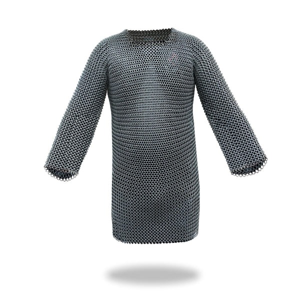 IR 80810 - Medieval Chainmail Shirt w/Full Sleeves Solid Iron Haubergeon Armor - One Size Silver
