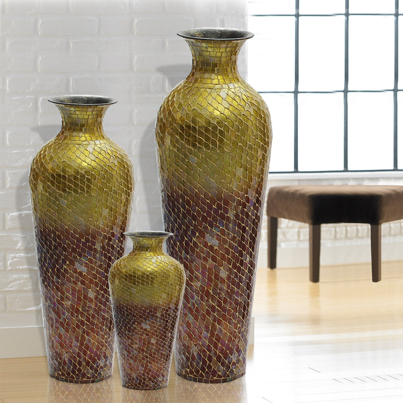 VA 39198 - SET of 3 - MF. - Iron Terracotta Floor Vase Set of 3 Red Ombre with Decorative Glass Mosaic Overlay