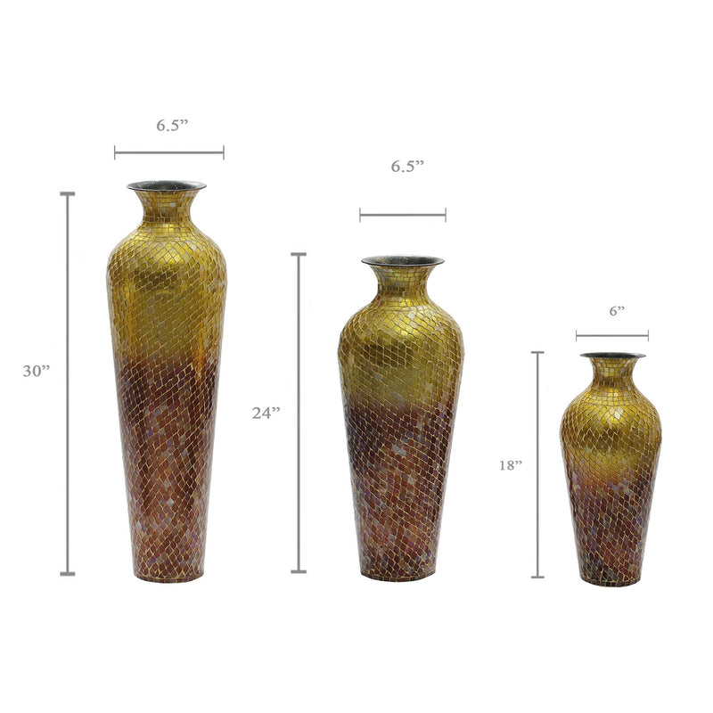 VA 39198 - SET of 3 - MF. - Iron Terracotta Floor Vase Set of 3 Red Ombre with Decorative Glass Mosaic Overlay