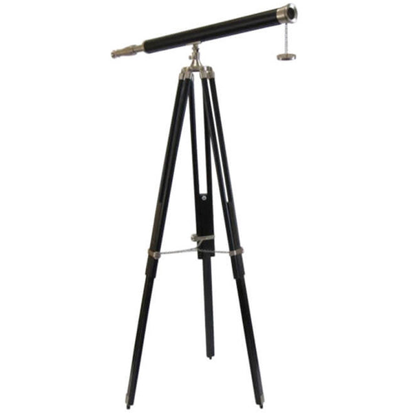 BR 48545 - Nautical Decor Telescope Black Wooden Stand, Nickel Plated, Faux Leather