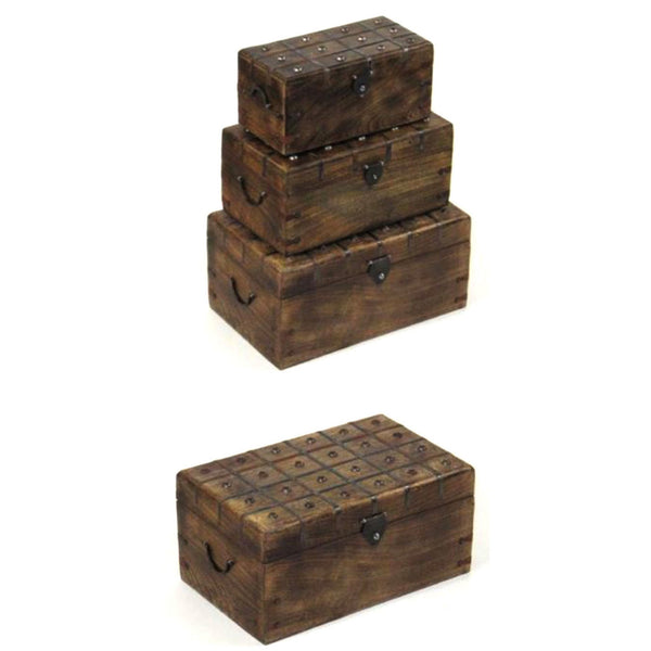 SH 23351 - Nested Box Set, Wooden Chests With Metal Straps and Rivets