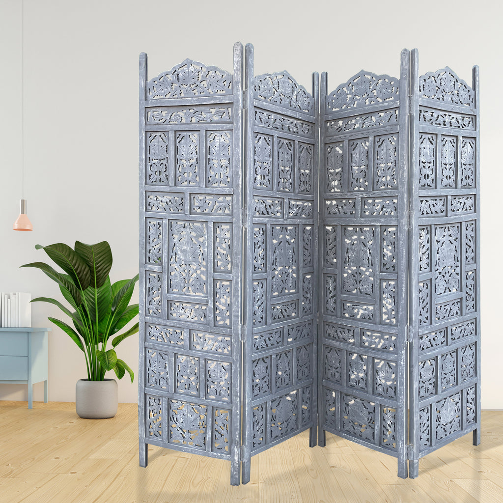 SH 158 Grey - Hand Crafted 4-Panel Wood Divider, Multi-panel Privacy Screen