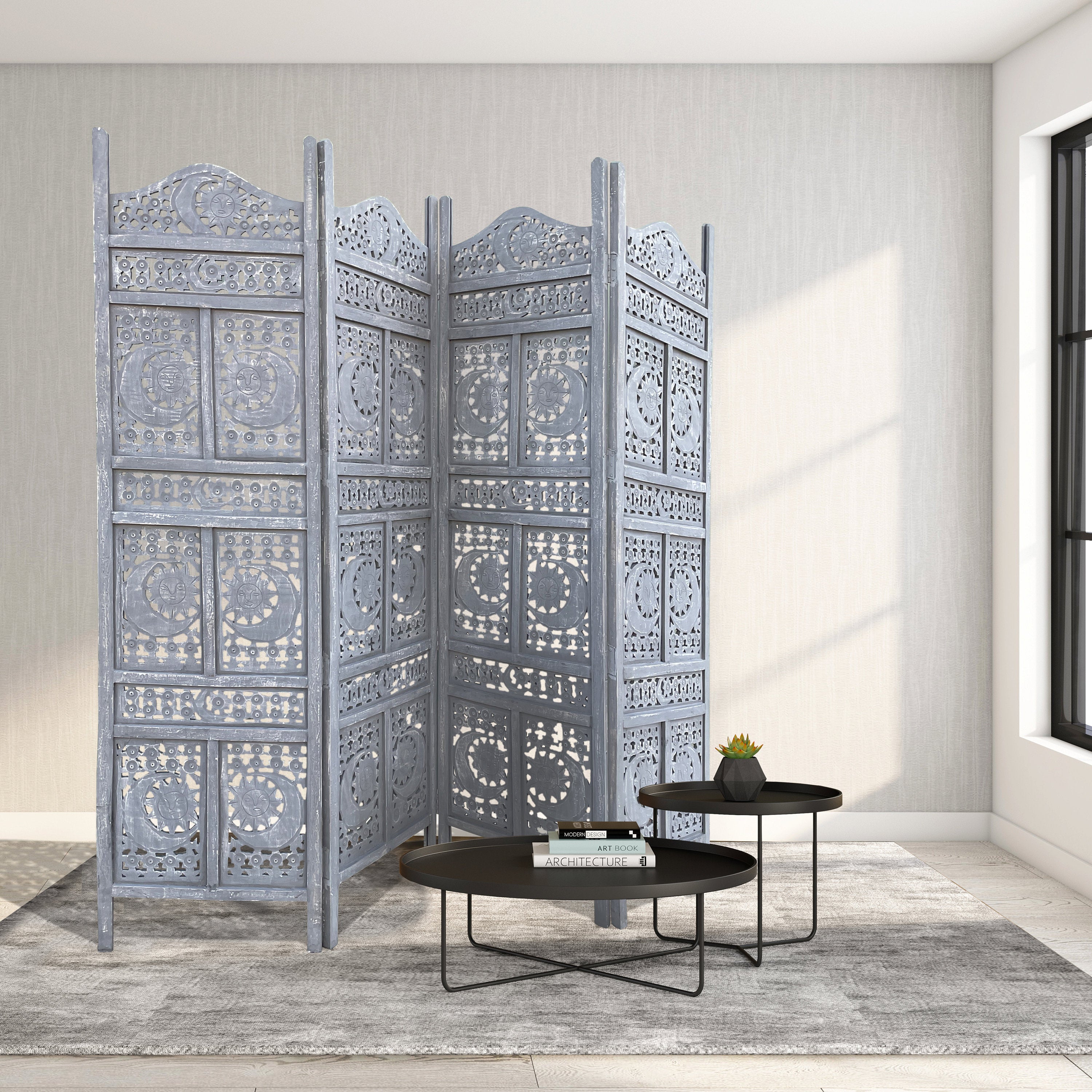 SH 158 Grey - Hand Crafted 4-Panel Wood Divider, Multi-panel Privacy Screen