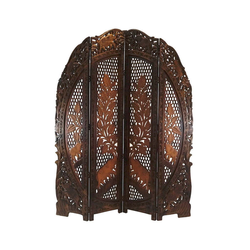 SH 15815 - Carved Wooden Screen Deluxe Rounded Sheesham, Elephant Design