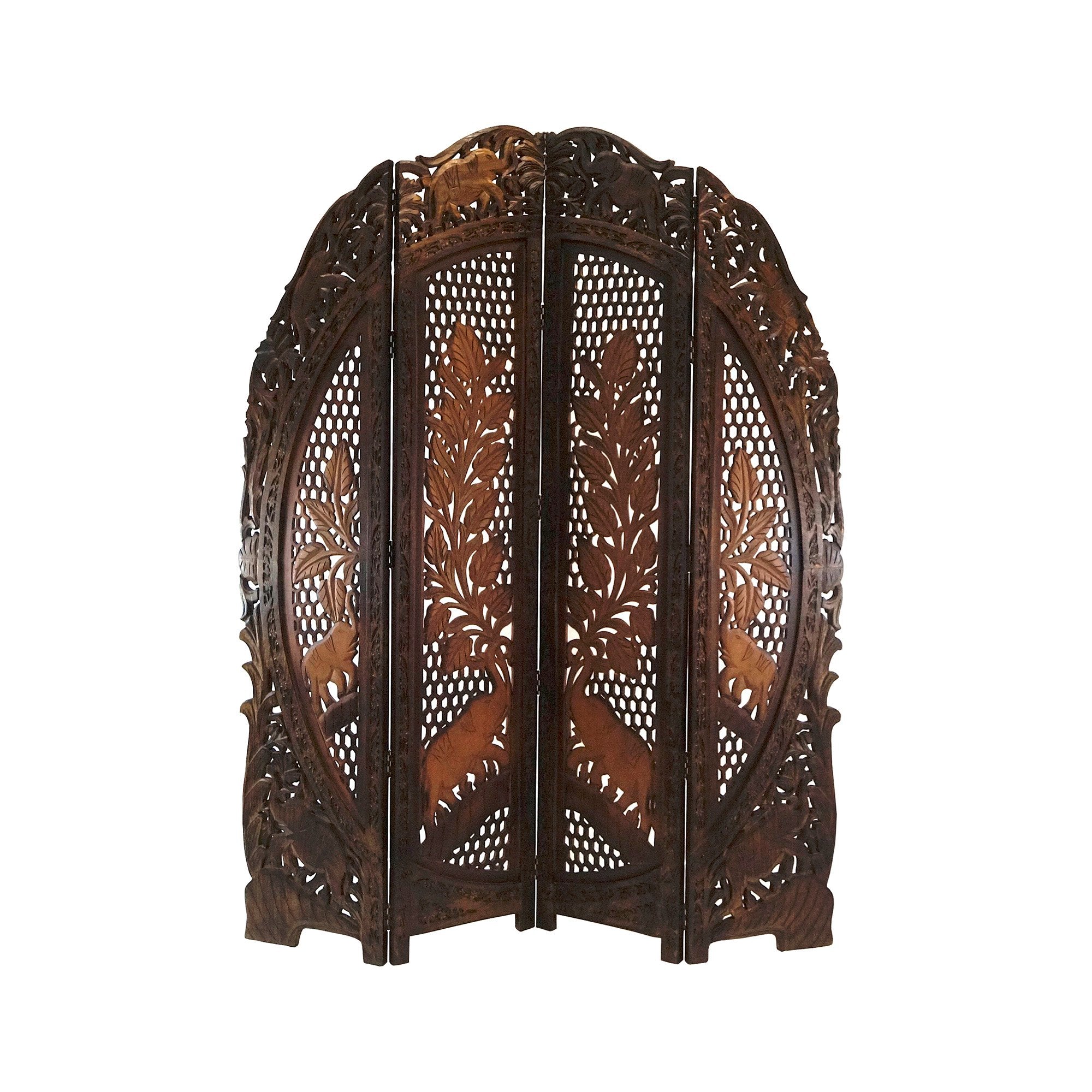 SH 15815 - Carved Wooden Screen Deluxe Rounded Sheesham, Elephant Design
