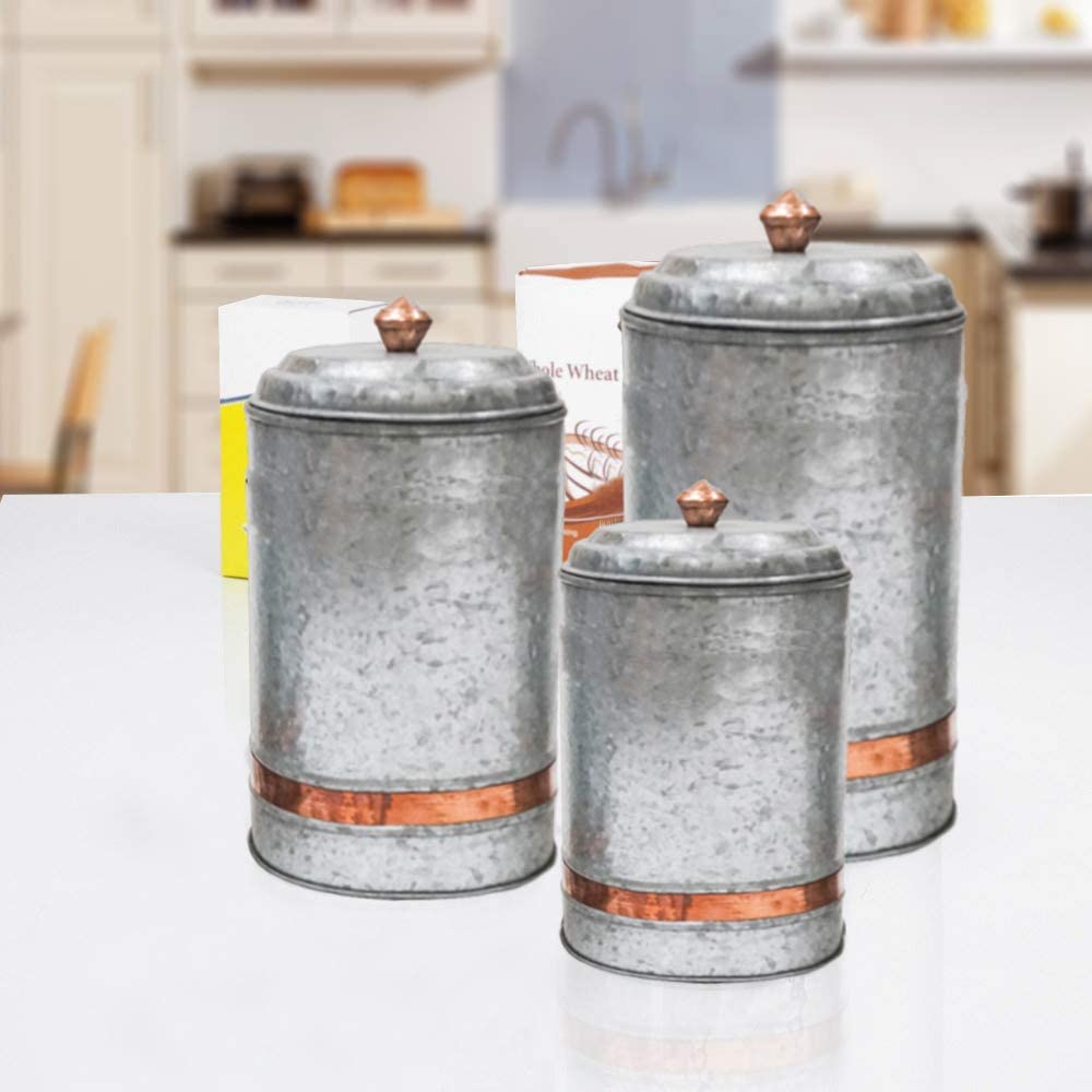 IR 23256 - Galvanized Canister Set of 3 With Copper Band