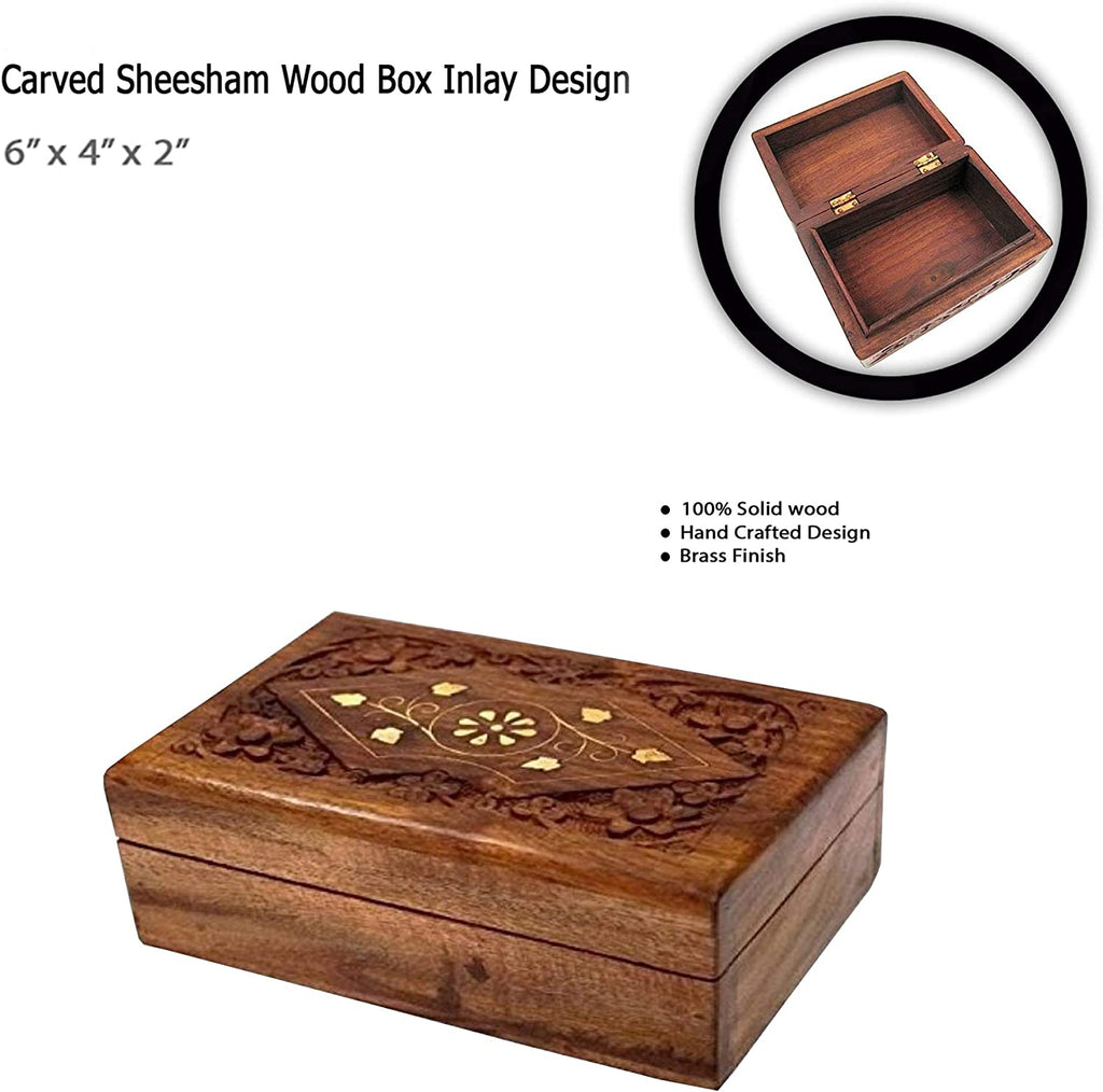 SH 1035 - Carved Teak Wood Box Inlay Design