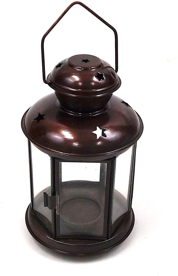 IR 15310 - Antique Iron Candle Lantern  9" Six-sided, Asst. Glass