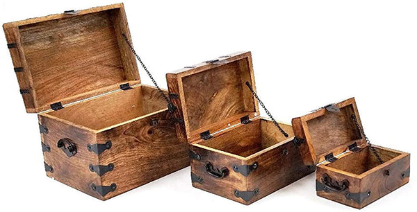 Antique Wooden Box with Iron, Set of 3