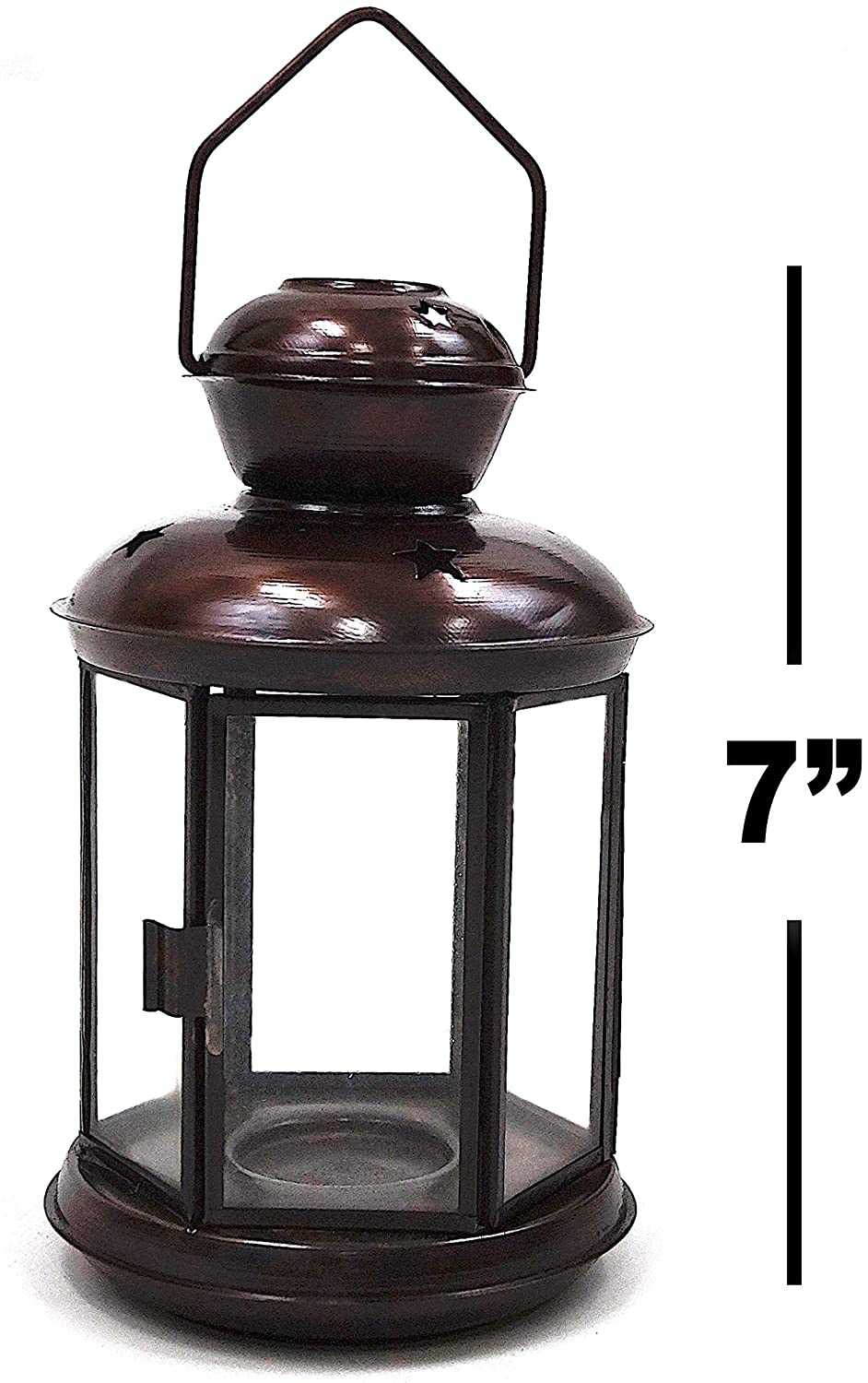 IR 15310 - Antique Iron Candle Lantern  9" Six-sided, Asst. Glass