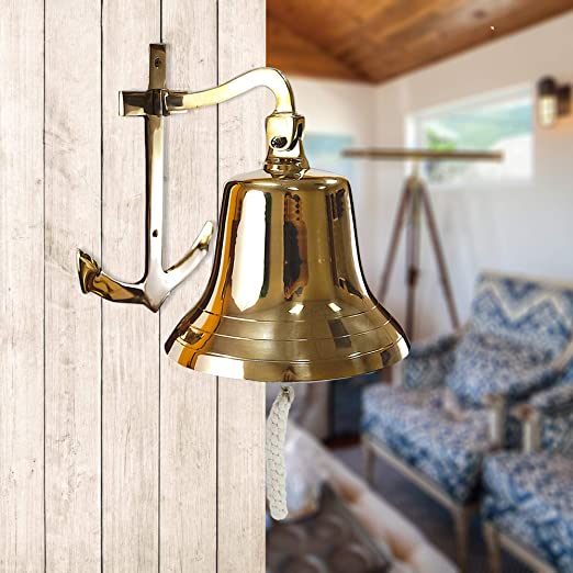 BR 1880 - Gold Finish Brass Wall Anchor Ship Bell with Rope, 6.5"