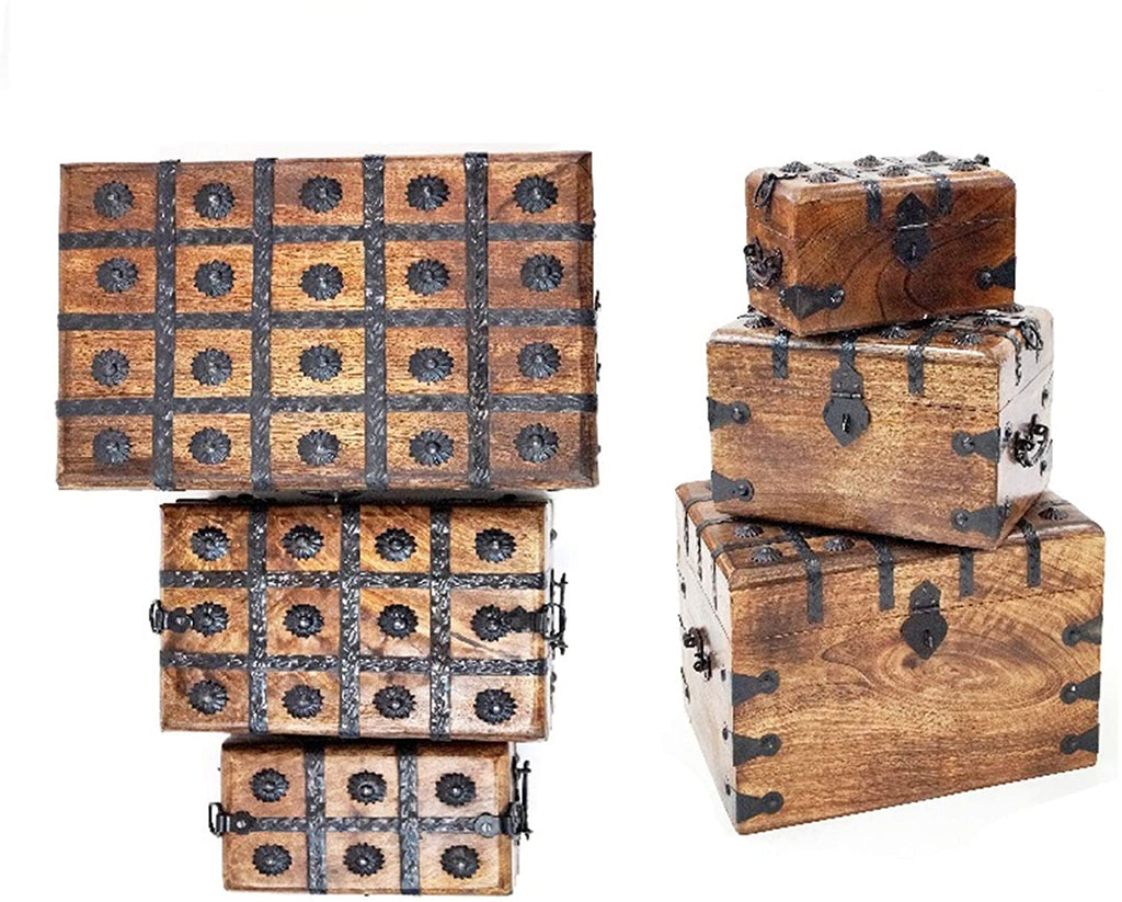 SH 2320 - Antique Wooden Box with Iron, Set of 3