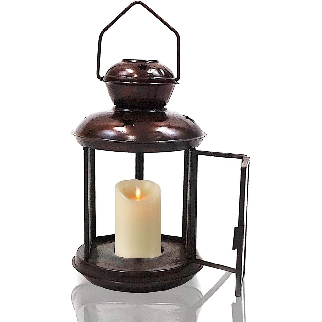 IR 15310 - Antique Iron Candle Lantern  9" Six-sided, Asst. Glass