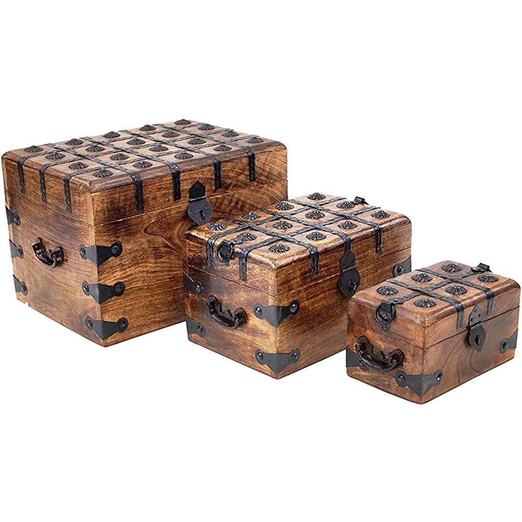 SH 2320 - Antique Wooden Box with Iron, Set of 3