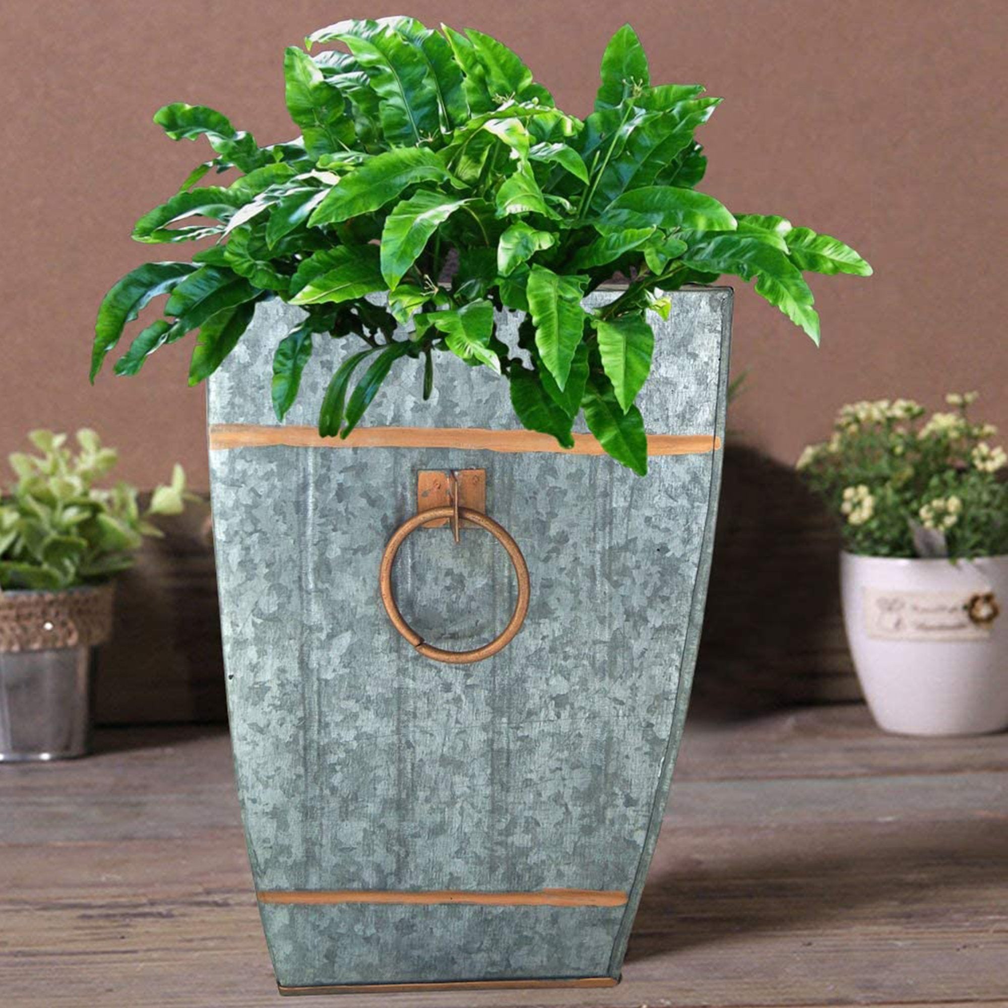 IR 4240 - Galvanized Accent Vase -Silver W/ Copper Trims And Handle