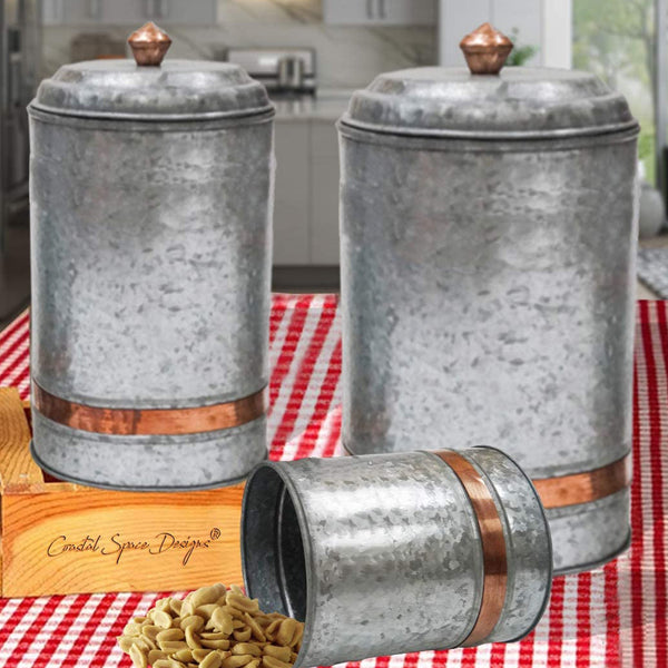 Galvanized Canister Set of 3 With Copper Band