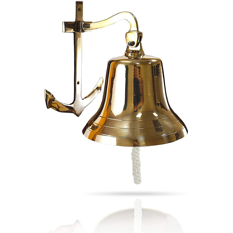 Gold Finish Brass Wall Anchor Ship Bell with Rope, 6.5"