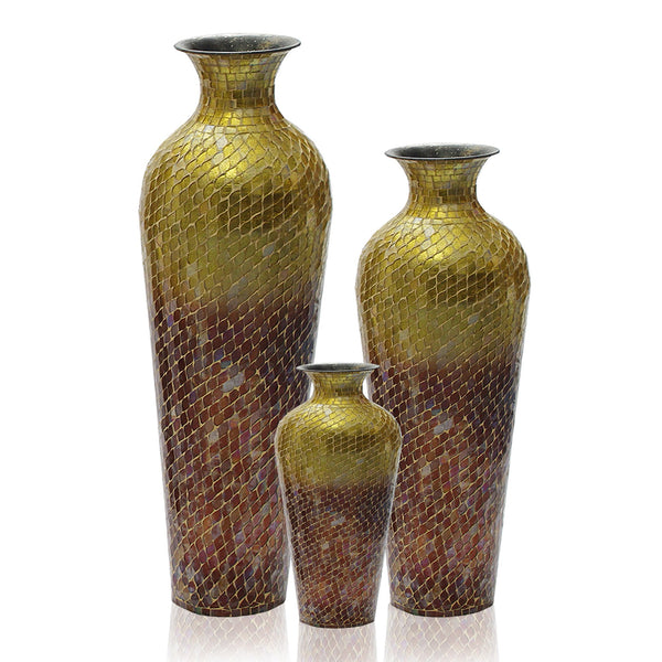 Iron Terracotta Floor Vase Set of 3 Red Ombre with Decorative Glass Mosaic Overlay