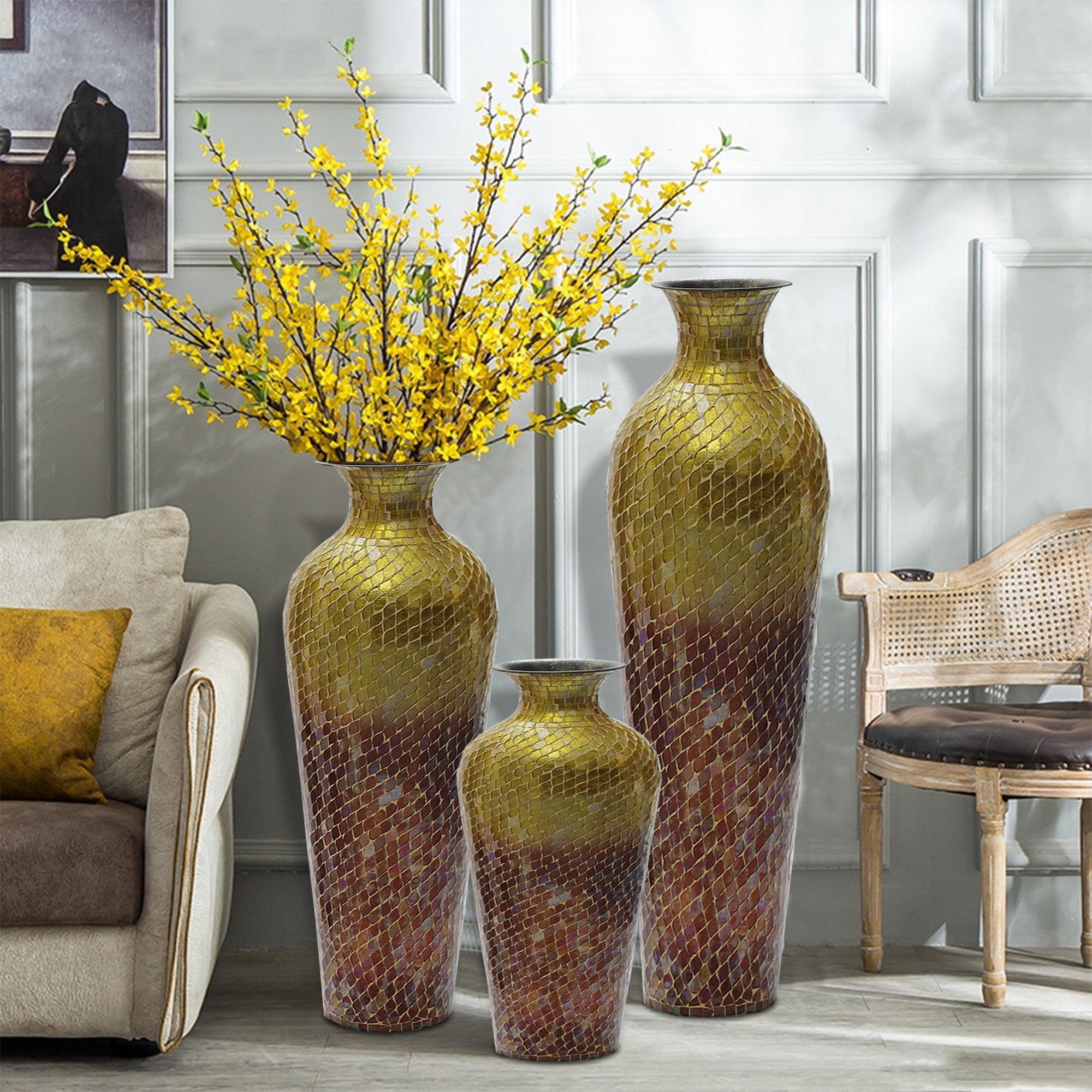 VA 39198 - SET of 3 - MF. - Iron Terracotta Floor Vase Set of 3 Red Ombre with Decorative Glass Mosaic Overlay