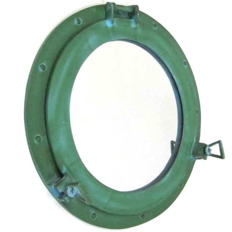 AL 48610A - Antique Green Aluminum Porthole with Mirror, 17"