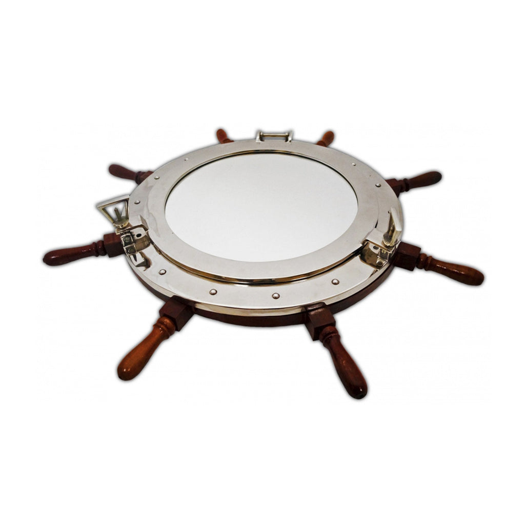 ALSH 87111 - 24" Aluminum Chrome Porthole with Mirror Mounted on 36" Ship Wheel