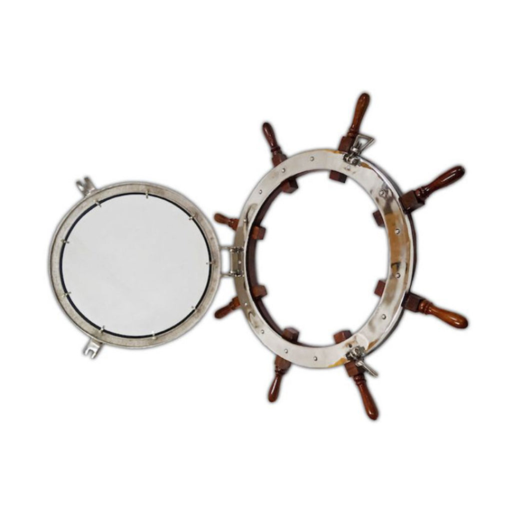 ALSH 87111 - 24" Aluminum Chrome Porthole with Mirror Mounted on 36" Ship Wheel