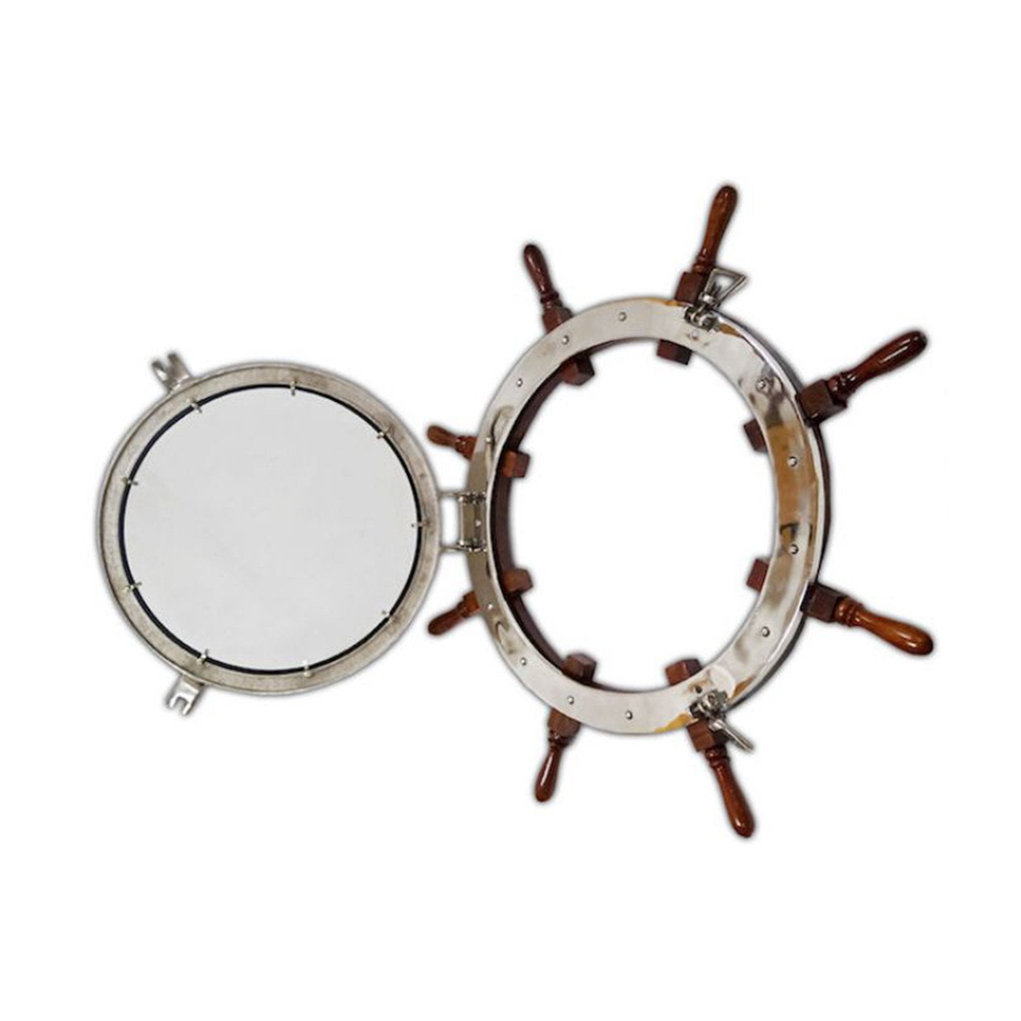 ALSH 87111 - 24" Aluminum Chrome Porthole with Mirror Mounted on 36" Ship Wheel