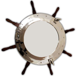 24" Aluminum Chrome Porthole with Mirror Mounted on 36" Ship Wheel