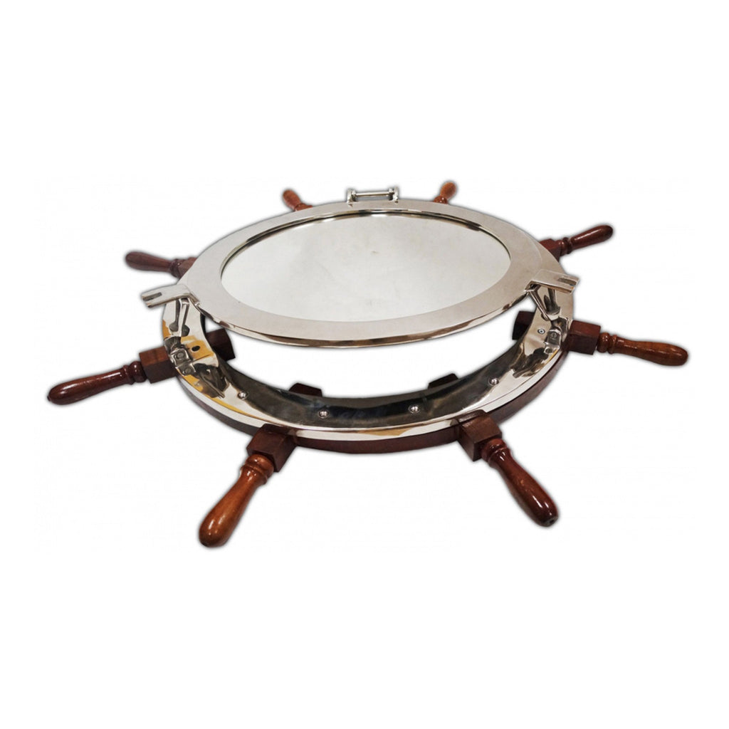 ALSH 87111 - 24" Aluminum Chrome Porthole with Mirror Mounted on 36" Ship Wheel