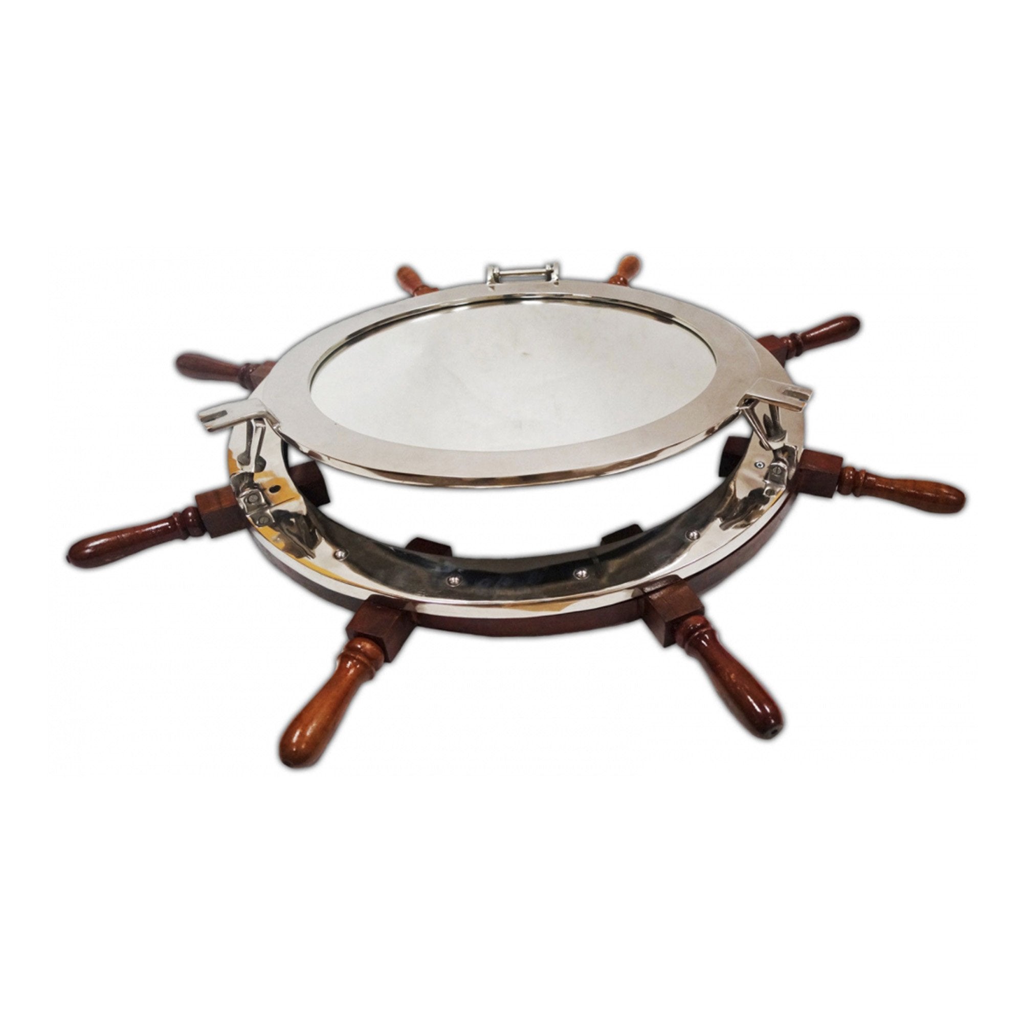 ALSH 87111 - 24" Aluminum Chrome Porthole with Mirror Mounted on 36" Ship Wheel