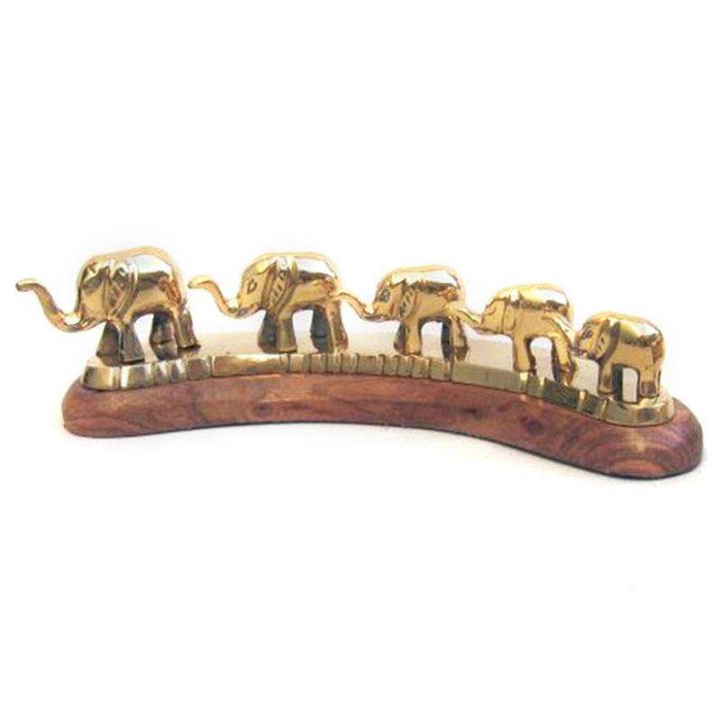 BR 12951 - 5 Brass Elephant Caravan on Wooden Base