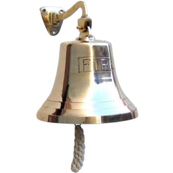 BR 1845F - Gold Finish Brass FIRE Ship Bell with Rope, 9"