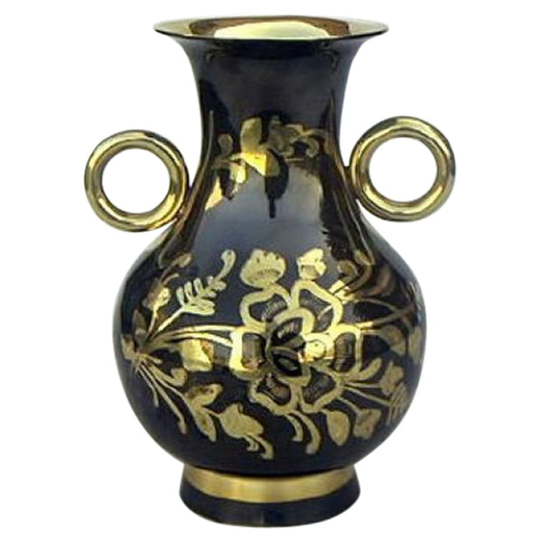 Solid Brass Vase, Etched w/ 2 Handles