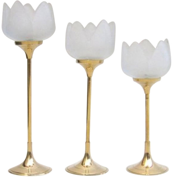 BR 2221 - Brass Glass Tulip Candle Holder Set/3 Patina