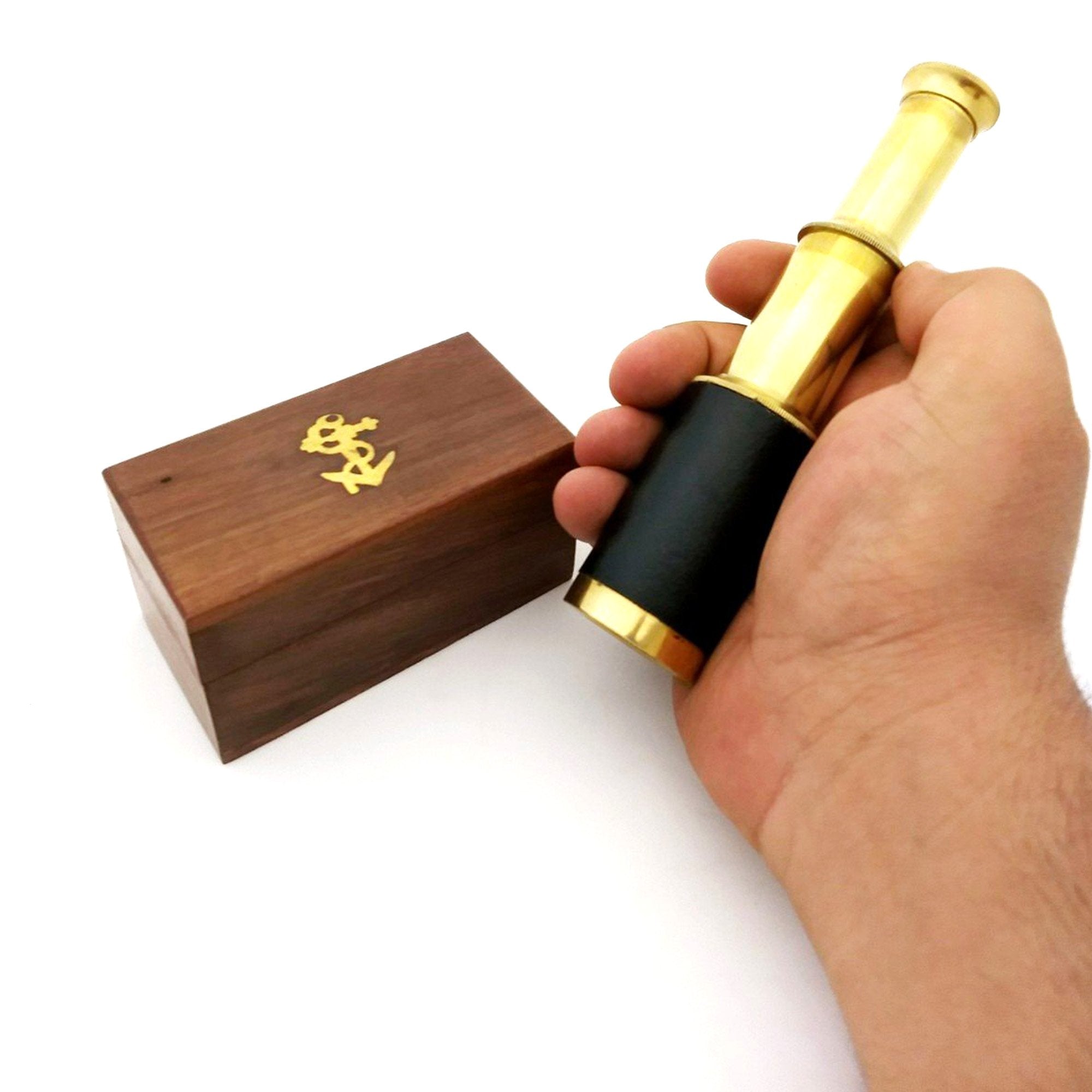 BR 48256 - Brass Pullout Telescope 6.125" w/ Wood Box & Wrap
