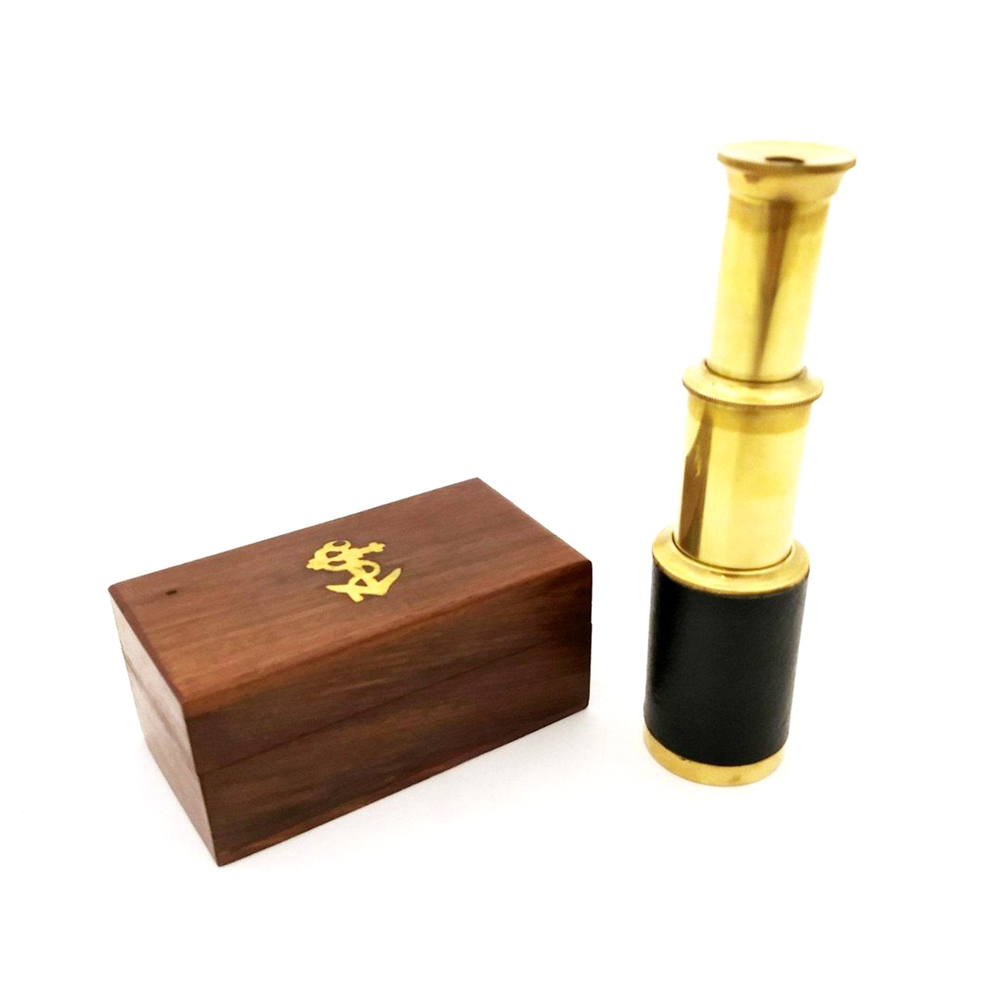 BR 48256 - Brass Pullout Telescope 6.125" w/ Wood Box & Wrap