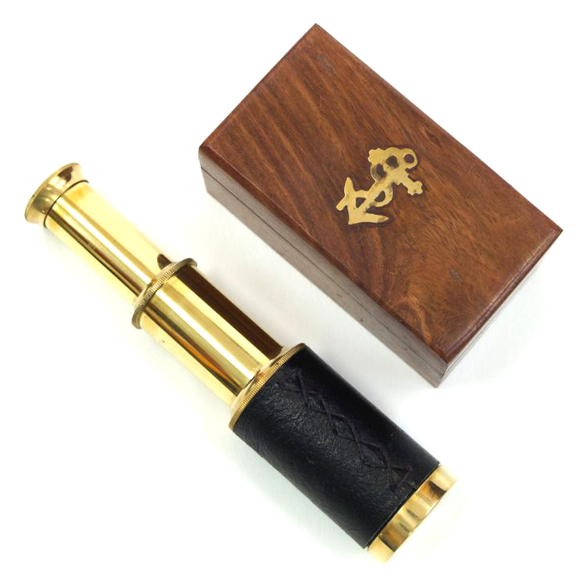 BR 48256 - Brass Pullout Telescope 6.125" w/ Wood Box & Wrap