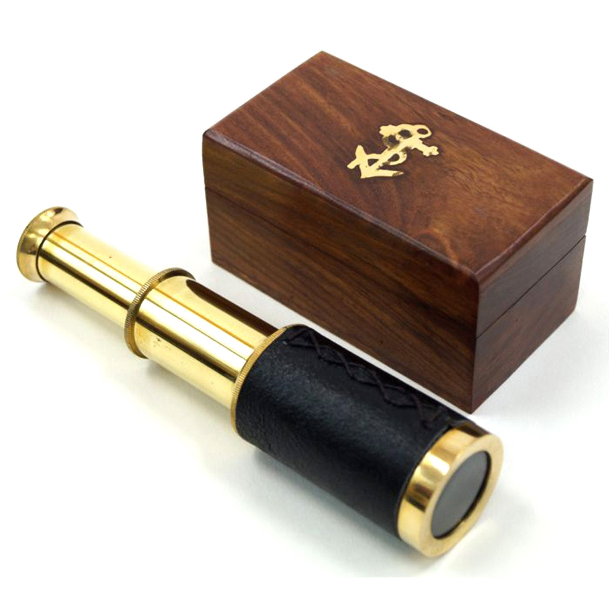 BR 48256 - Brass Pullout Telescope 6.125" w/ Wood Box & Wrap