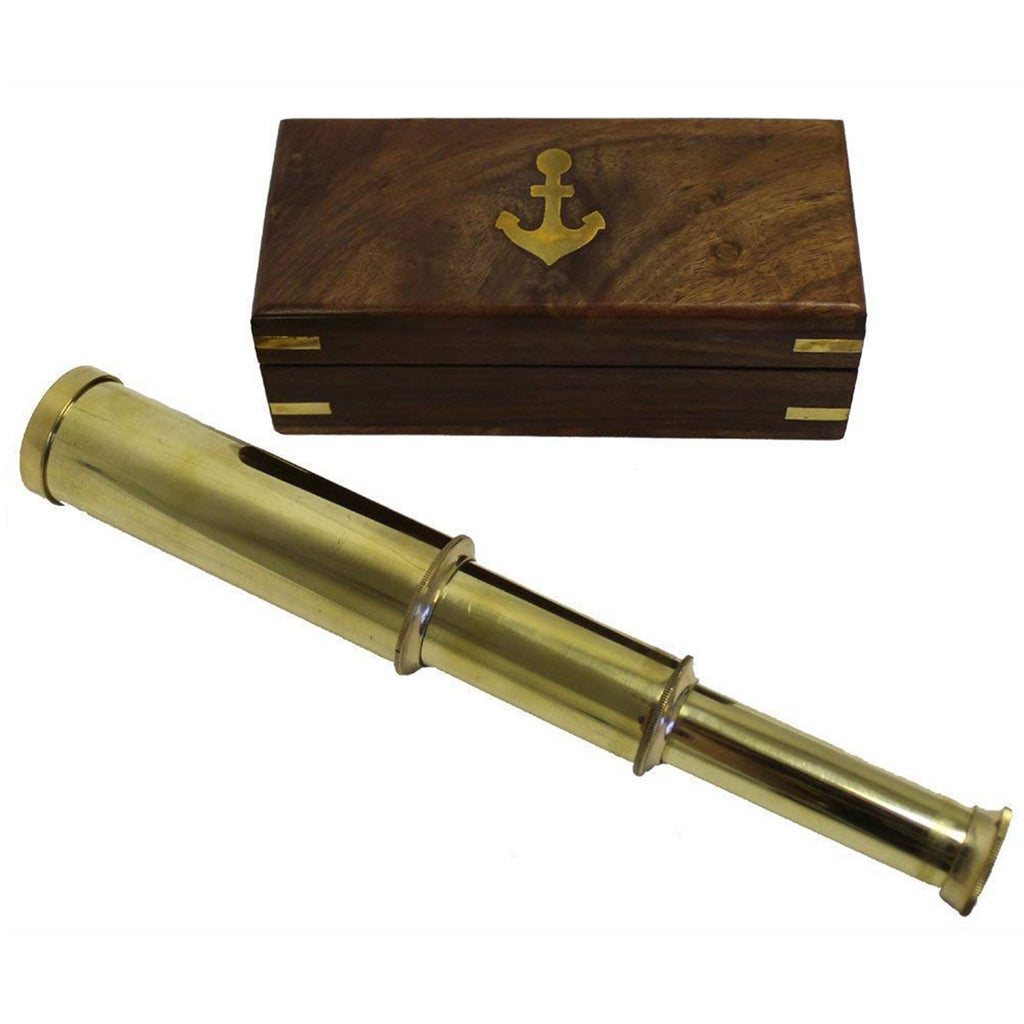 BR 48258B - Pullout Telescope 9" Solid Brass Pipe w/ Wood Box