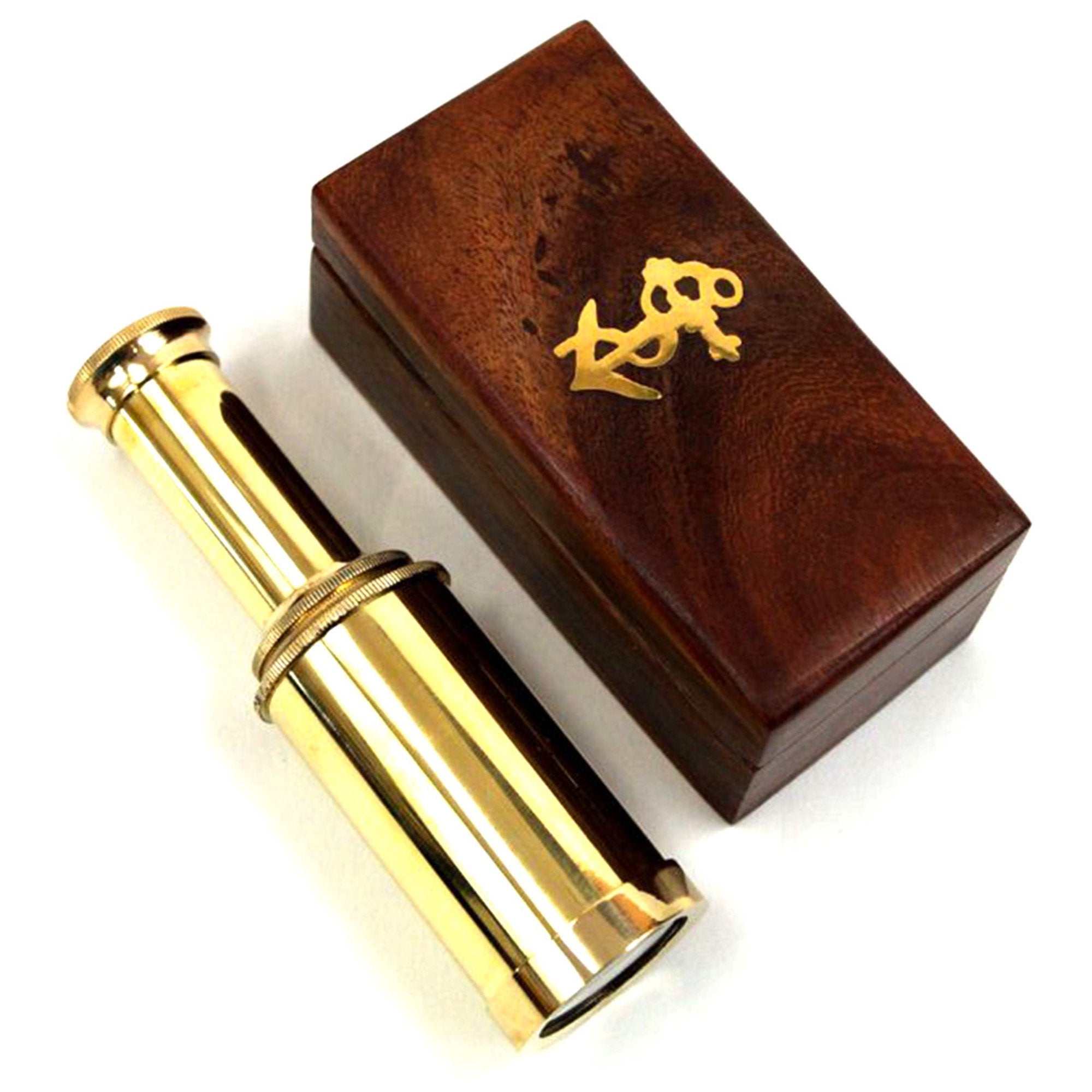 BR 48259B - Brass Pullout Pirate Telescope w/ Wooden Box