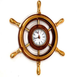 BR 48272 - Wooden Ship Wheel Clock With Brass Handles and Trims, 12"
