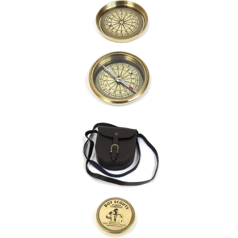 BR 48391 - Solid Brass Boy Scout Compass w/ Faux Leather Pouch