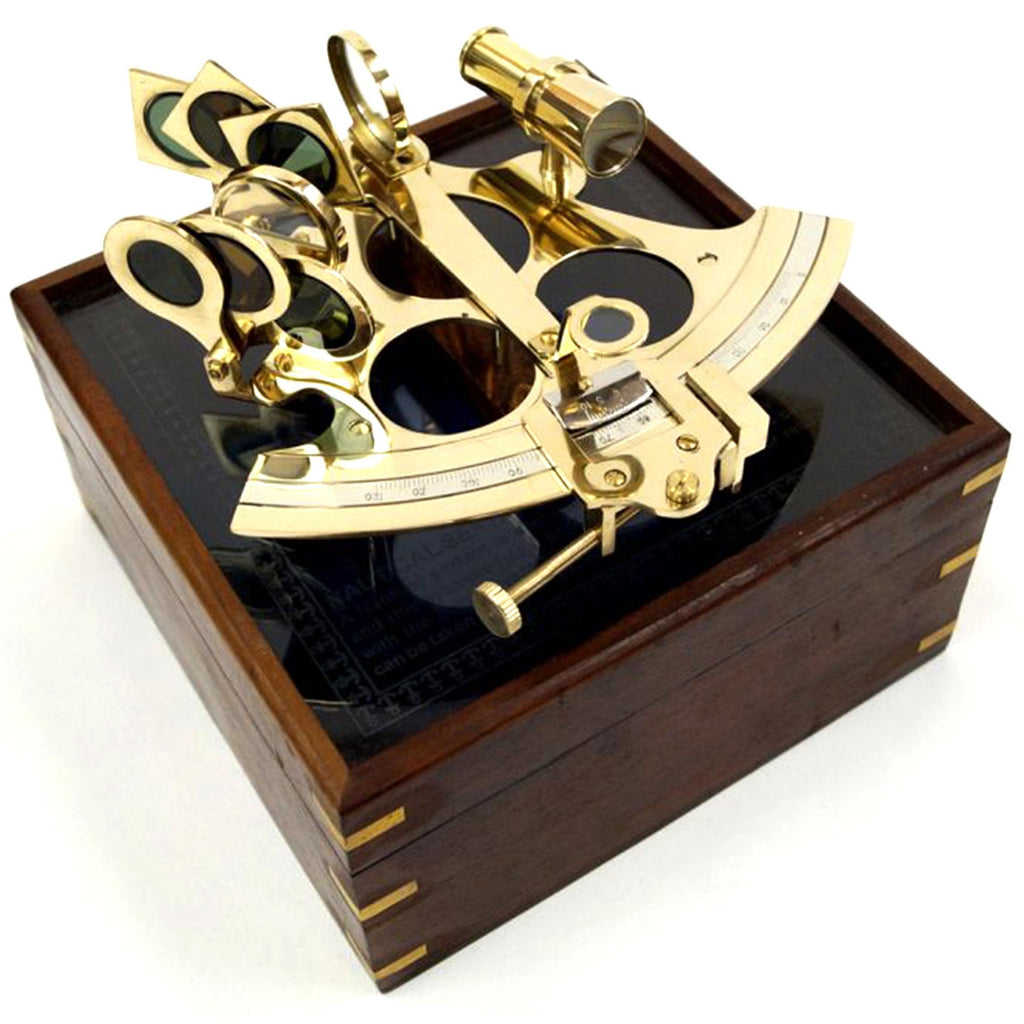 BR 4849G - Brass Sextant 8" w/ Wood & Etched Glass Box