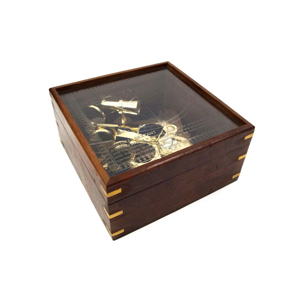 Brass Sextant 8" w/ Wood & Etched Glass Box