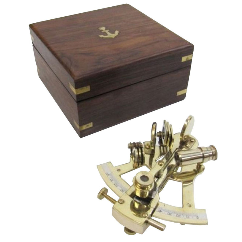 BR 48501 - Solid Brass Sextant With Anchor Inlaid Wooden Box