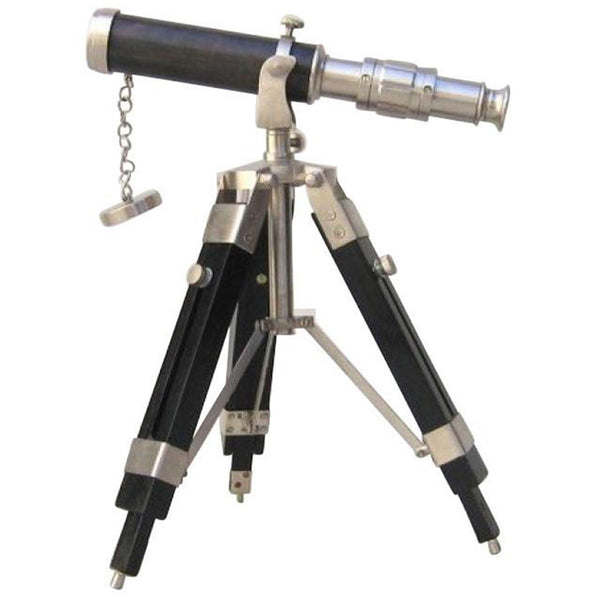 Telescope 10.25" and Tripod Pewter Antique Finish Wooden Stand