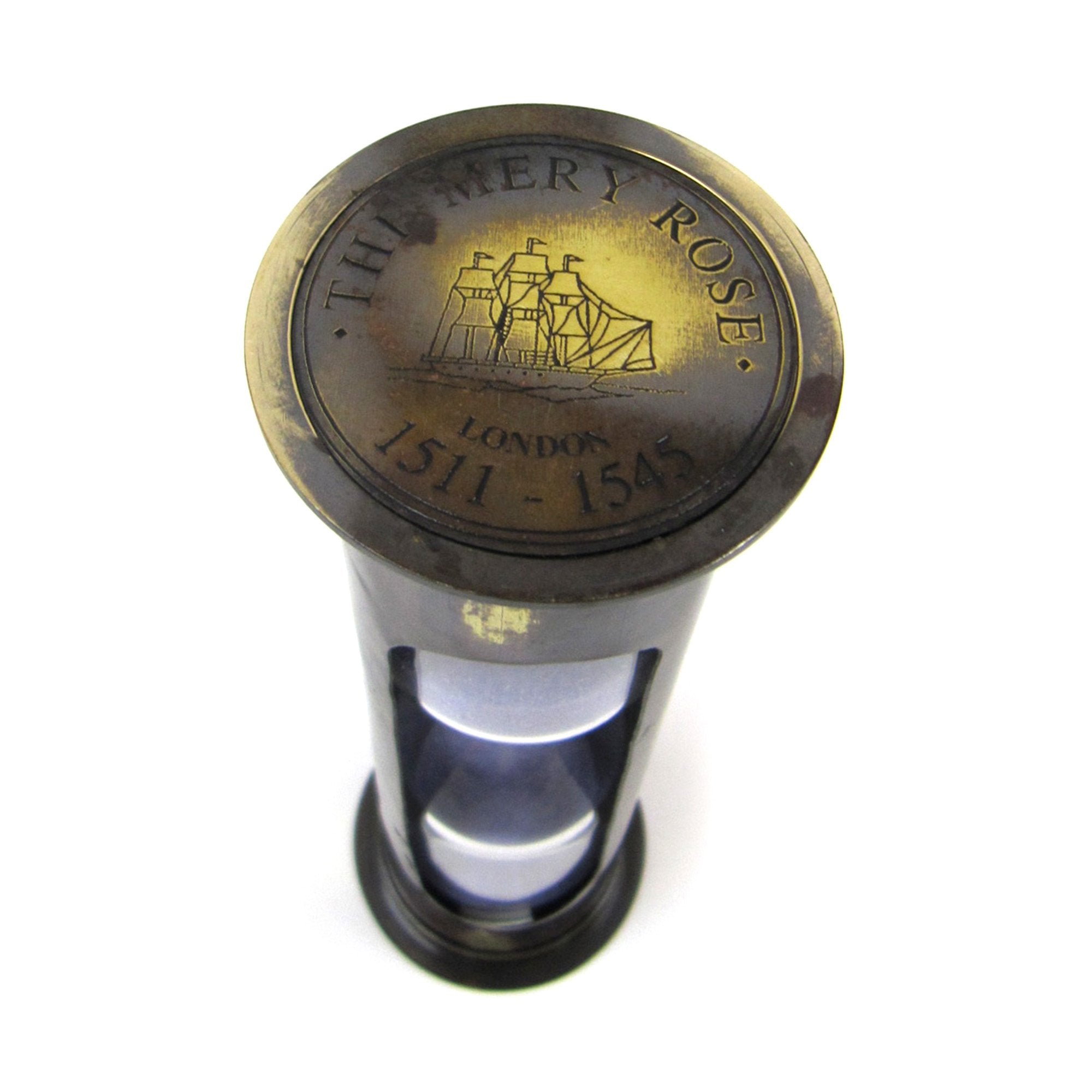 BR 4864AB - Antique Brass "MARY ROSE" 5-min. Hourglass w/ Purple Sand