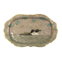 BR 5002 - Solid Brass Tray with 2 Geese Swimming Under Blue Clouds