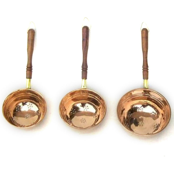 Copper Strainer Set of 3, Wooden Handle