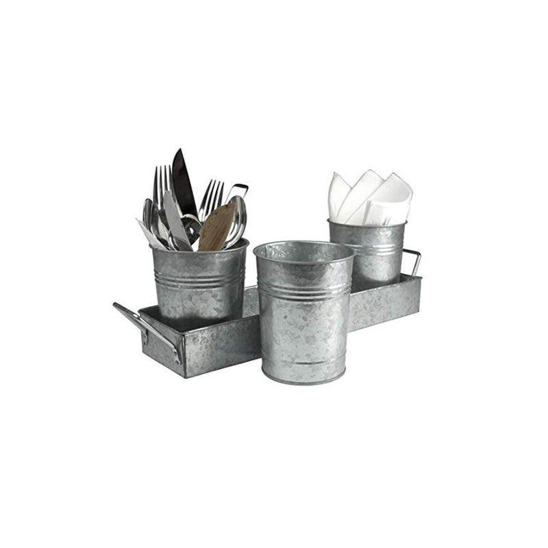 Picnic Caddy & Planter Set, Galvanized Pots with tray St/4